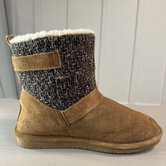 BEARPAW Women's Avery Tan Suede and Knit Wool Blend Winter Ankle Boots - Picture 6 of 12